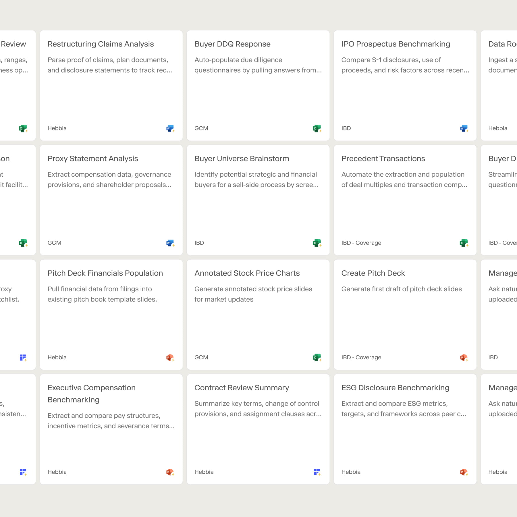 Grid of finance agent cards including Restructuring Claims Analysis, Buyer DDQ Response, and IPO Prospectus Benchmarking