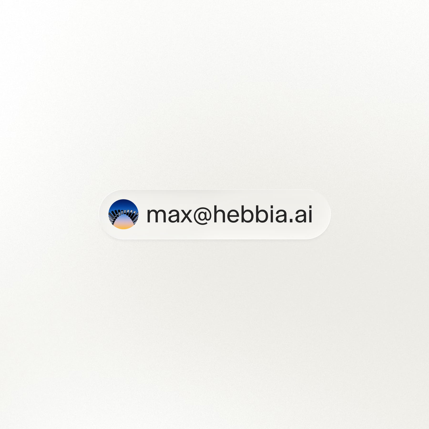 max@hebbia.ai email pill with Mobius avatar on a clean light background